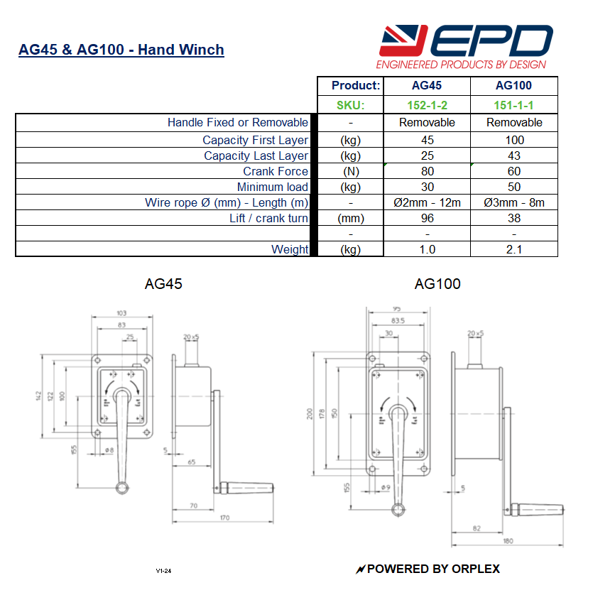 AG100 - 100kg Hand Winch- Kits for -  Clothes/Washing lines, Fitness Equipment, Chandeliers - plus many others
