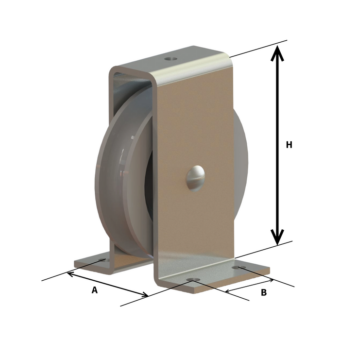 Technical Drawing of WEBI White Polyamide (Nylon) Pulley with Galvanised Bracket ETT-156P