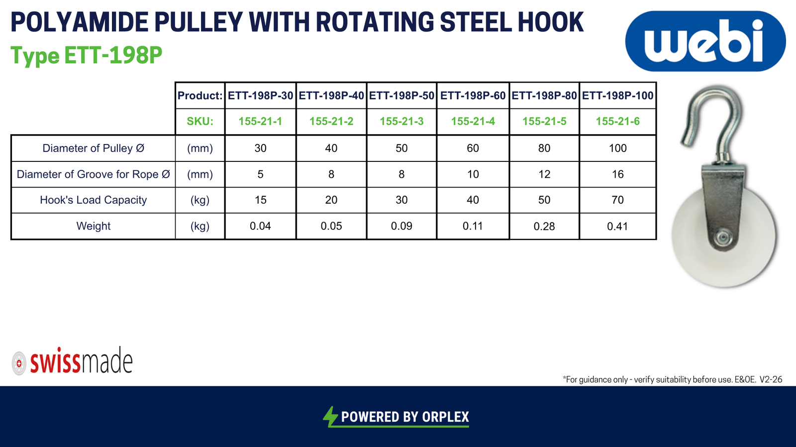 Technical Specifications table for WEBI White Polyamide (Nylon) Pulley with Rotating Steel Hook ETT-198P