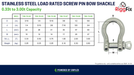Product specifications table with labelled diagram of RiggFix Stainless Steel Load rated screw pin bow shackle
