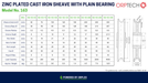 Technical specifications table for ORPTECH  Cast Iron Sheave with plain bearing Model No. 163