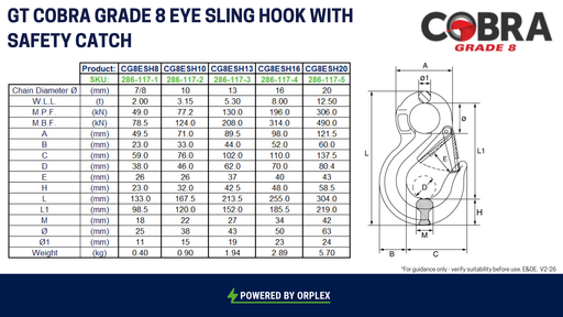 Technical Specifications table for GT Cobra Grade 8 Eye Sling Hook with Safety Catch