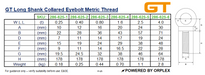 Technical drawing of GT Long Shank Collared Eyebolt Metric Thread with specifications