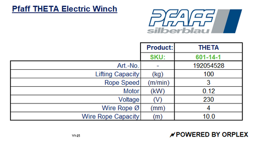 Pfaff THETA Electric Winch Specification Table