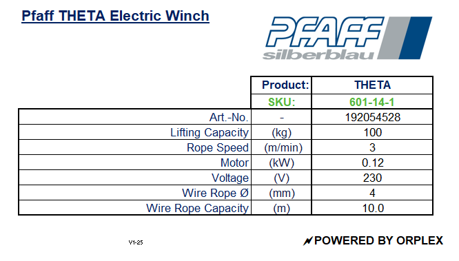 Pfaff THETA Electric Winch Specification Table