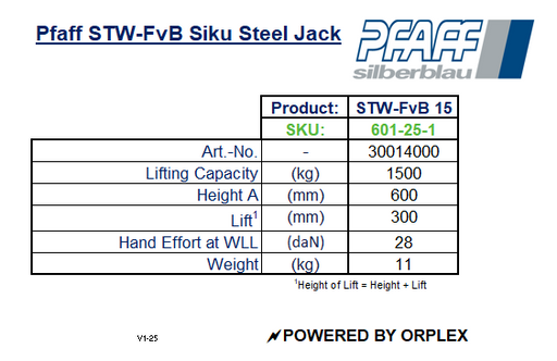 Pfaff STW-FvB Siku Steel Jack Specification Table