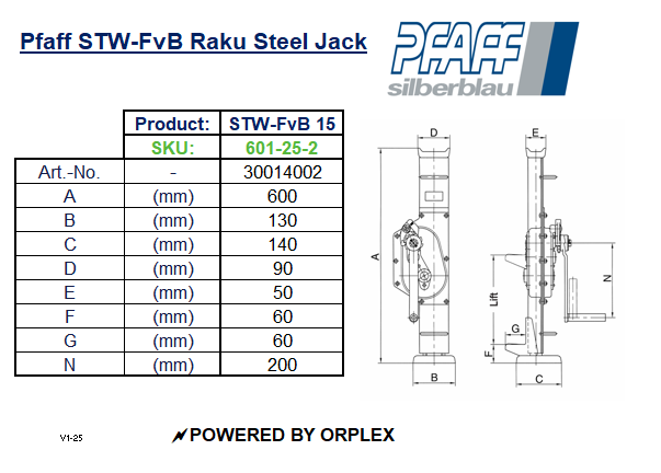 Pfaff STW-FvB Raku Steel Jack Dimensions Table with Diagrams