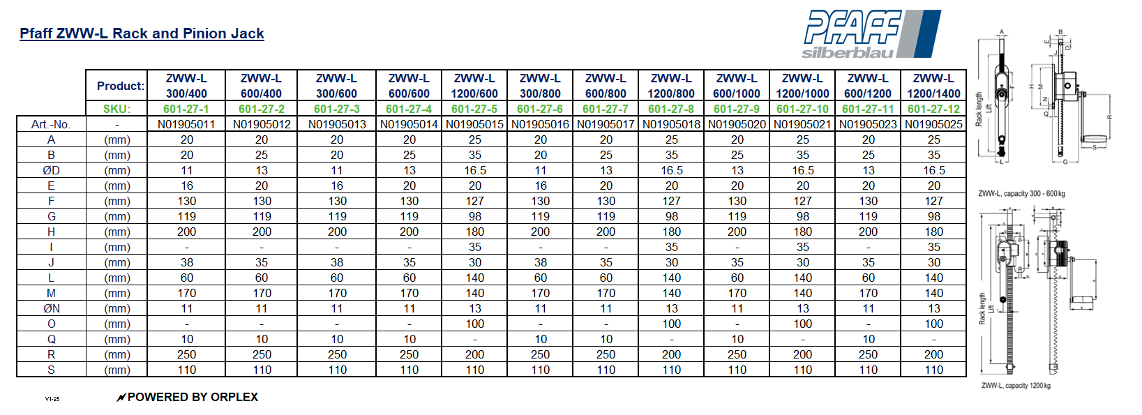 Pfaff ZWW-L Rack & Pinion Jack  Dimensions Table with Diagrams
