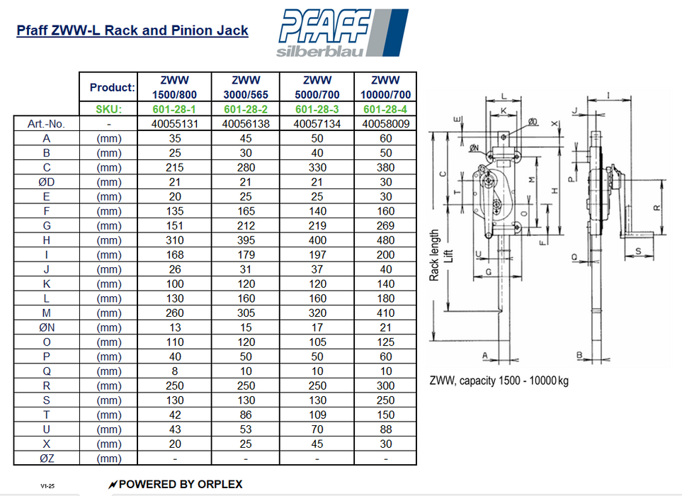 Pfaff ZWW Rack & Pinion Jack Dimensions Table with Diagram