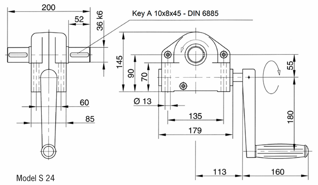 Pfaff S24 Worm Gear Drive – Hand Operated Gearbox 24:1:0 - Dimensions image