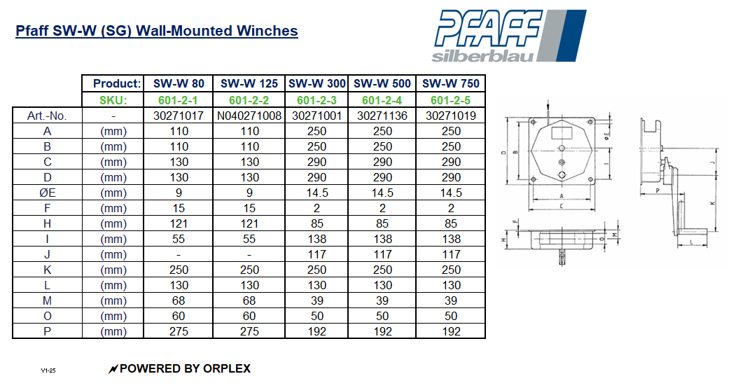 Pfaff SW-W (SG) Wall-Mounted Winch Dimensions Table with Diagrams