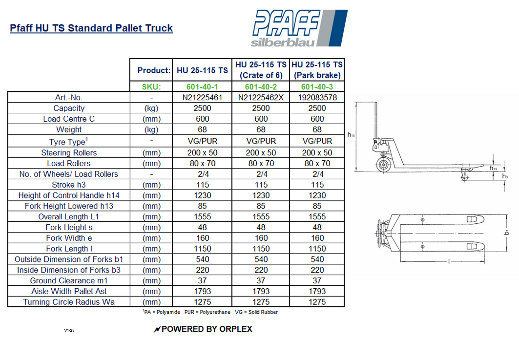 Pfaff HU 25-115 Silverline Pallet Truck Table of Specification and Dimensions with Diagram