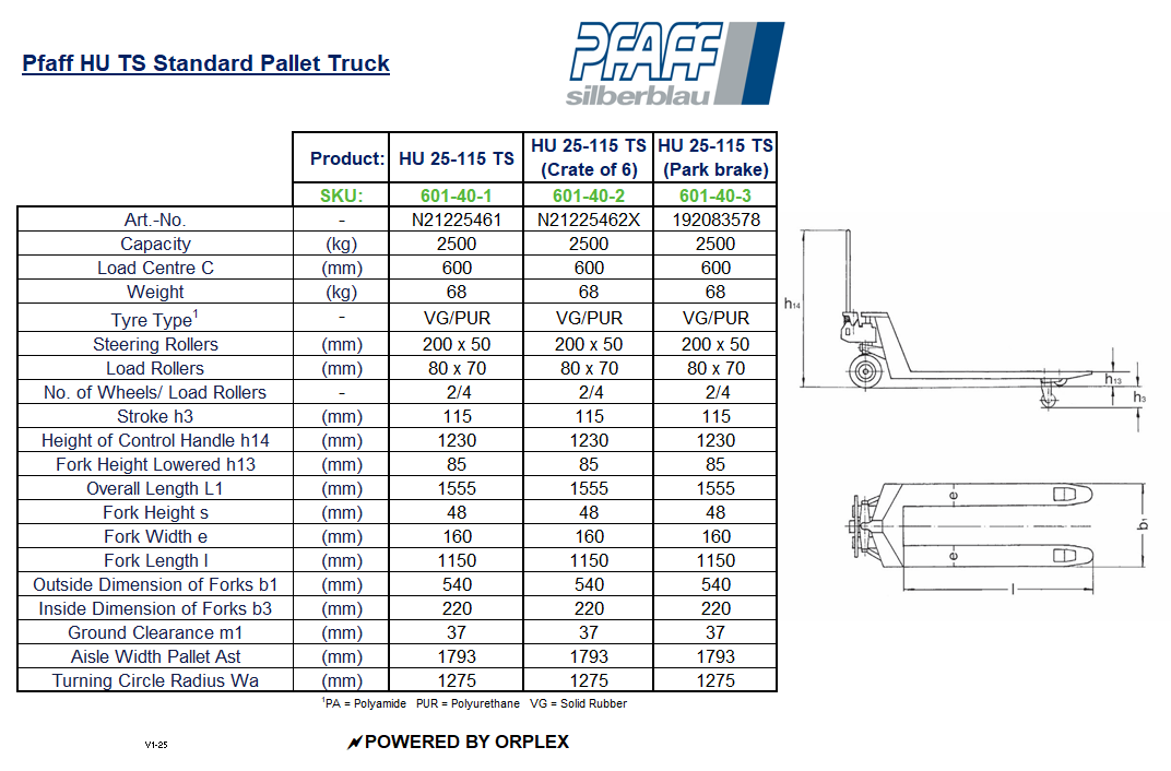 Pfaff HU 25-115 Silverline Pallet Truck Table of Specification and Dimensions with Diagram