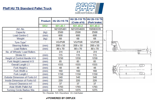 Pfaff HU 25-115 Silverline Pallet Truck Table of Specification and Dimensions with Diagram