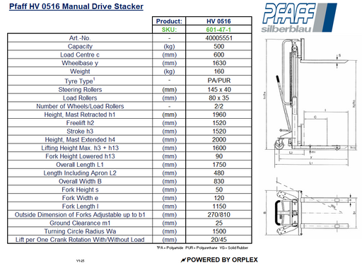 Pfaff HV 0516 Manual Drive Stacker Table of Specification and Dimensions