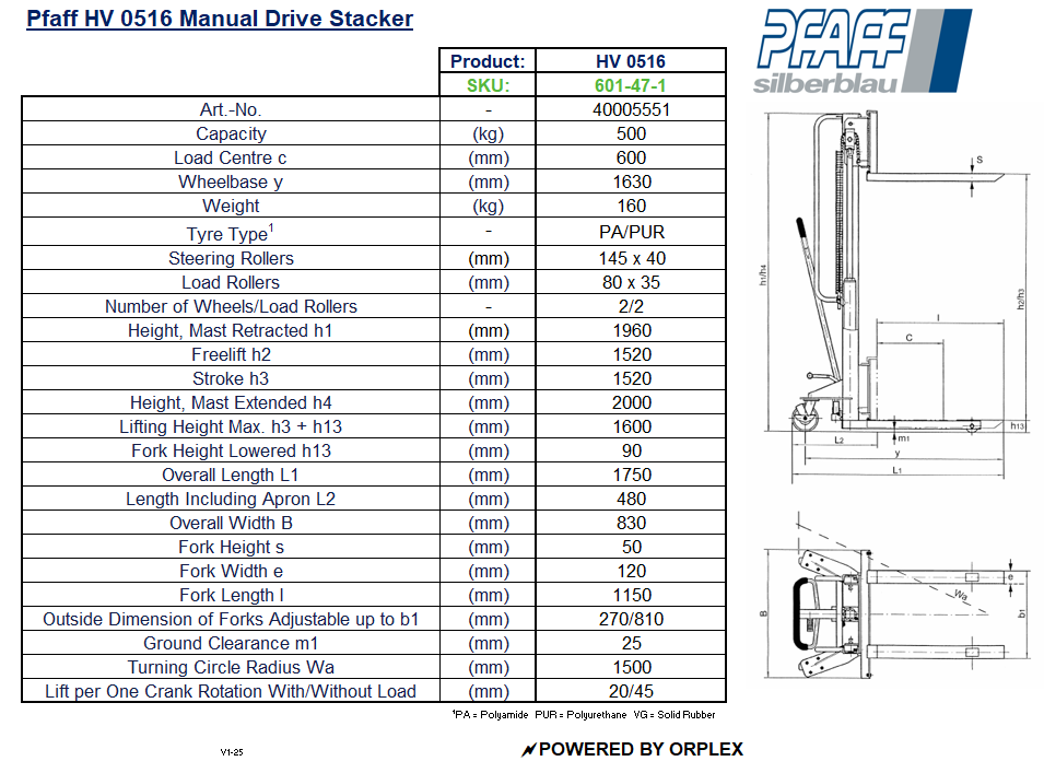 Pfaff HV 0516 Manual Drive Stacker Table of Specification and Dimensions