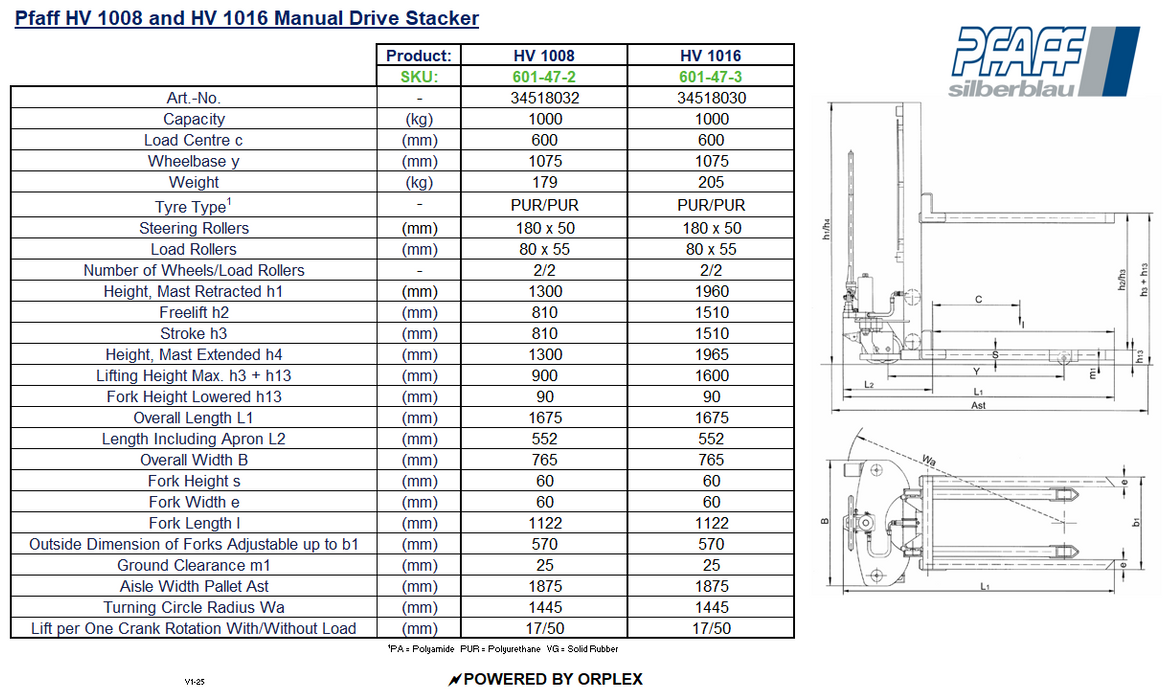 Pfaff HV Manual Drive Stacker Table of Dimensions and Specification