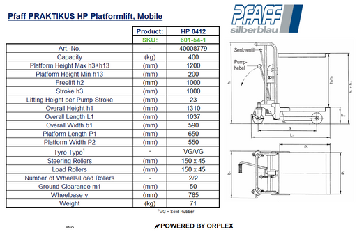 Pfaff PRAKTIKUS HP Mobile Platform Lift Table of Specification and Dimensions