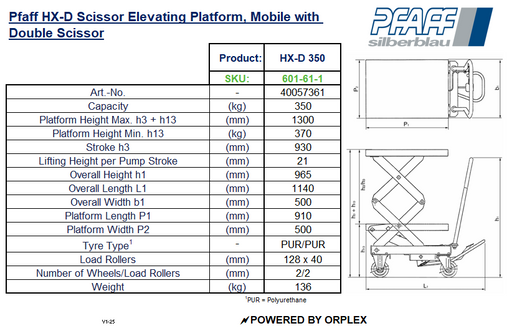 Pfaff HX-D Mobile Double Scissor Elevating Platform Table o Specification and Dimensions with Diagram