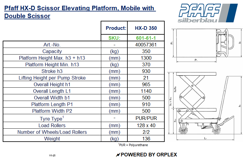 Pfaff HX-D Mobile Double Scissor Elevating Platform Table o Specification and Dimensions with Diagram