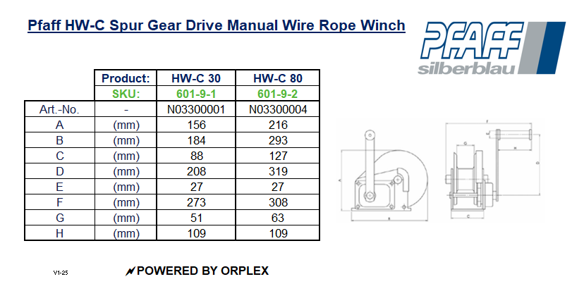 Pfaff HW-C Spur Gear Drive Manual Wire Rope Winch Dimensions Table with Diagrams