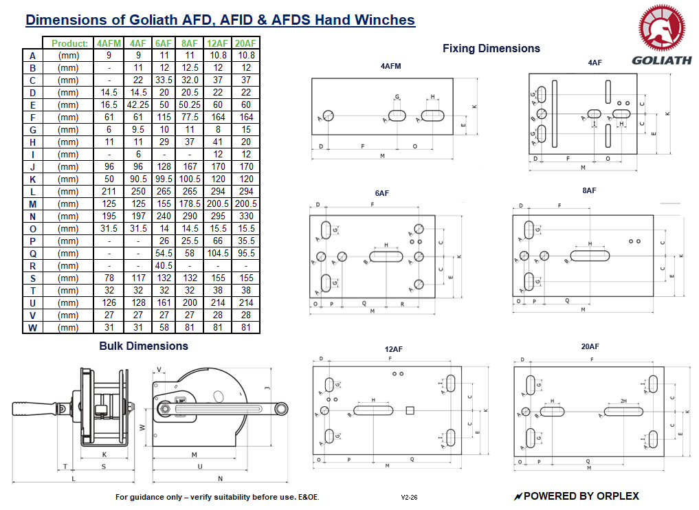 AFDS - Goliath Zinc Plated Webbing Winch complete with webbing strap & hook - Dimensions image