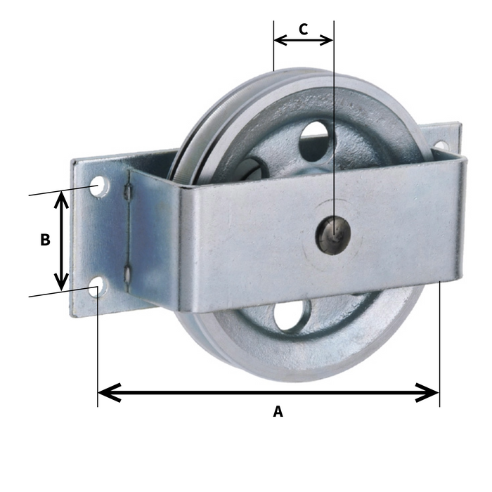 Labelled Dimensions for WEBI Galvanised Cast Iron Side Mounted Pulley, Type ETT-170 - Capacity 100kg to 500kg