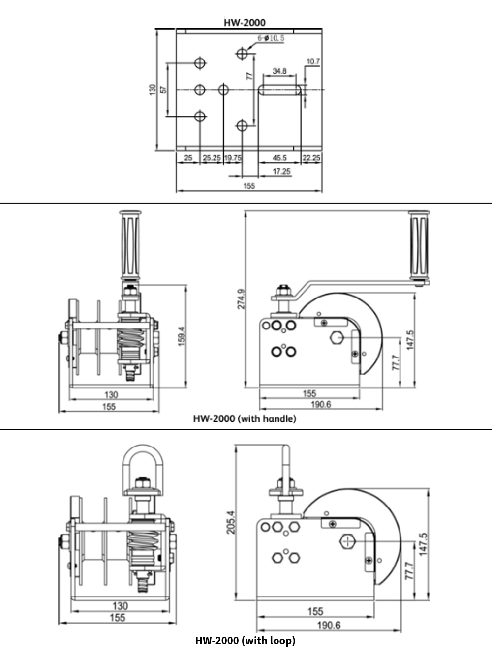 Tiger HW-2000 Hand Winch - Single Drum Model 900kg - Dimensions image