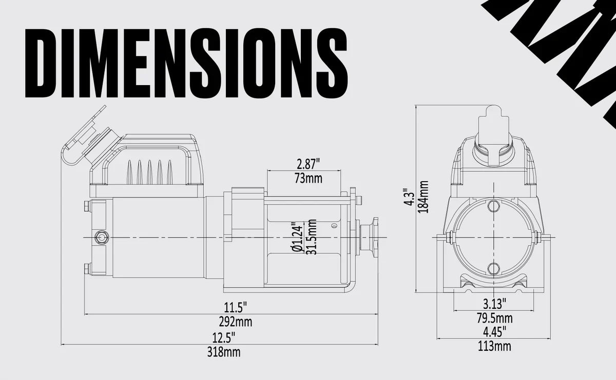 Ninja 2000 (907kg) Electric Winch with Synthetic Rope main dimensions