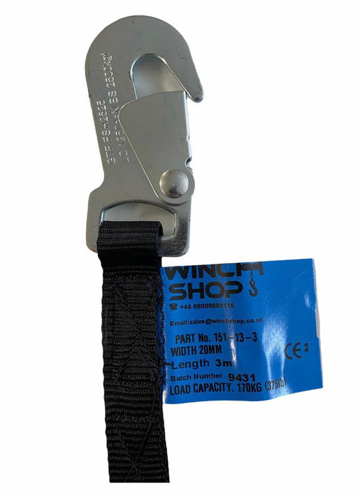20mm wide webbing 3m long with safety hook close up from Winchshop