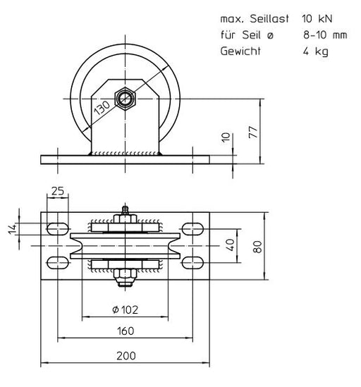 1000KG SWL PULLEY & BRACKET (205353) 130mm ø - Rope ø 8-10mm - Sheave Zinc Plated - Bracket Steel Powder Coated