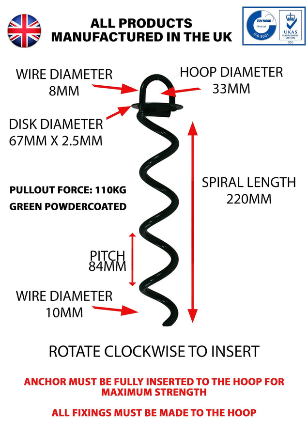 Specification for 250mm Green Powder coated Ground anchor by RiggFix