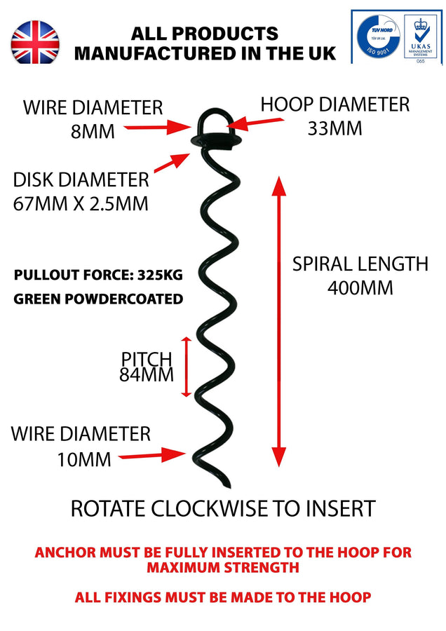 Specification for 400mm Green Powder coated Ground anchor by RiggFix 325kg Holding Power