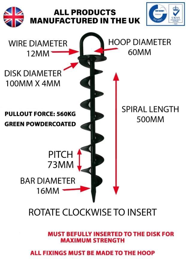 Spec for 500mm Heavy duty Green Powder coated Ground Anchor by Riggfix