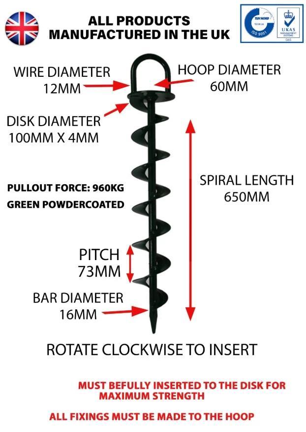 Spec for 650mm Heavy duty Green Powder coated Ground Anchor by Riggfix