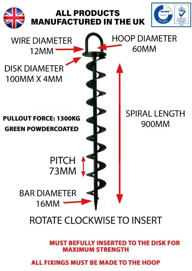Spec for 900mm Heavy duty Green Powder coated Ground Anchor by Riggfix