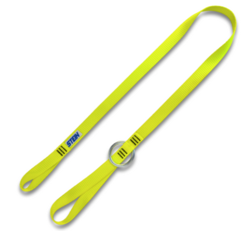 A bright yellow industrial lifting strap with a silver metal ring, featuring the brand name 'STK' printed in blue and black on one of the loops, set against a plain white background.